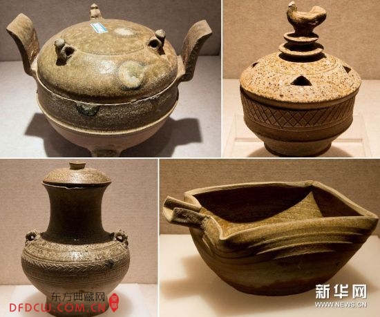 这是2月22日在江苏省盱眙县文物馆拍摄的东阳出土文物展品—陶器(拼版照片)。 这是2月22日在江苏省盱眙县文物馆拍摄的东阳出土文物展品—陶器(拼版照片)。
