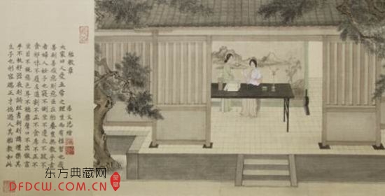 　　汤文思 　　女孝经图之胎教章 　　绢本工笔国画人物 　　60x30cm